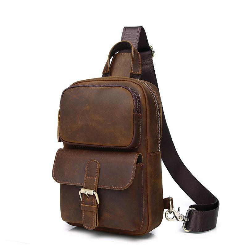 Crazy Horse Leather Chest Bag Men's Retro Crossbody New Top Layer Cowhide Front Shoulder