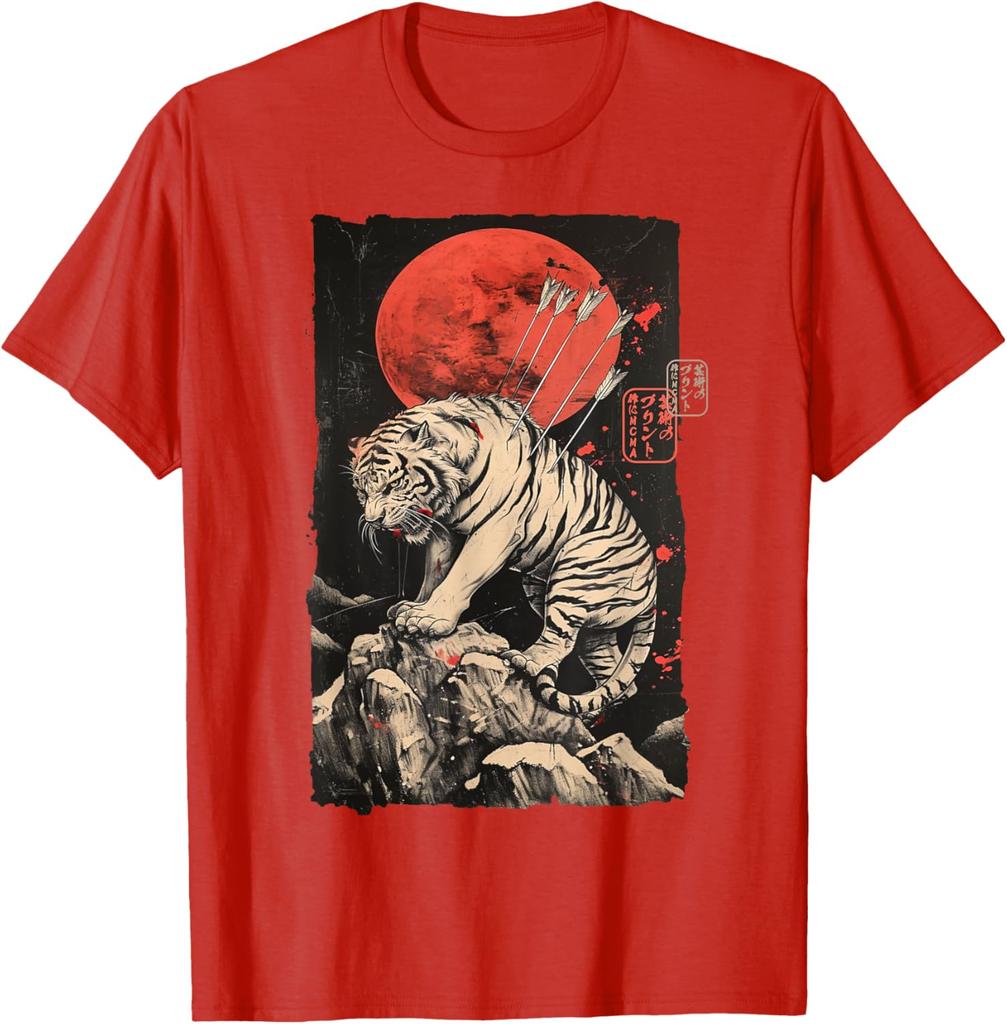 Wounded Tiger with Arrows Japanese Art Graphic Tee Mens Casual Round Neck TShirt Breathable Print