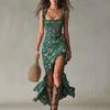 Women's Sleeveless V Neck Floral Print Midi Dress with Ruffle and Side Slit