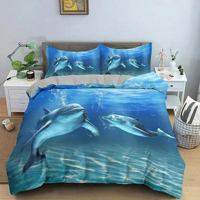 Housse de couette dauphin 3D, parure de lit bleu océan, 3 pièces, pour chambre enfant ou adulte, avec 2 taies d'oreiller (couette non incluse).