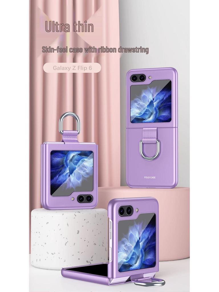 Samsung Z Flip7 Silk Ribbon Lanyard Case: Full Coverage, Skin-feel Protective Case with Ring Holder for Flip6/5.
