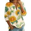 Women's Vintage Floral Print Henley Button Neck Shirt Three Quarter Sleeve Cotton Linen Blend Casual Top