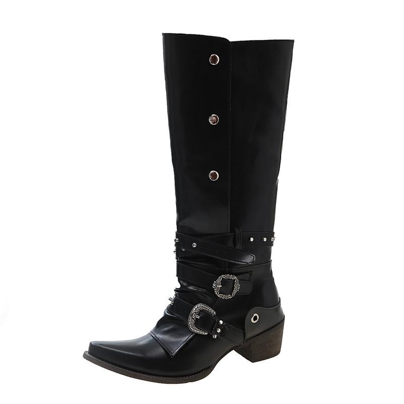 American Retro Rivet Knight Boots - Black Punk Over-the-Knee for Petite Women