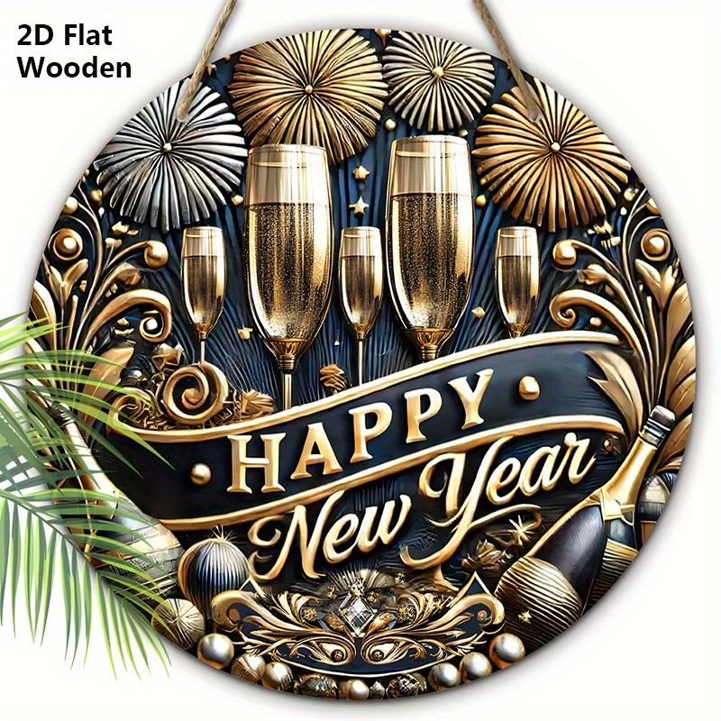 

Счастливого Нового Года Праздничная Деревянная Табличка - Пьем Шампанское, чтобы Встретить Новый Год Круглая Табличка для Входной Двери, Настенный Декор 20cm/7.87in золотистый