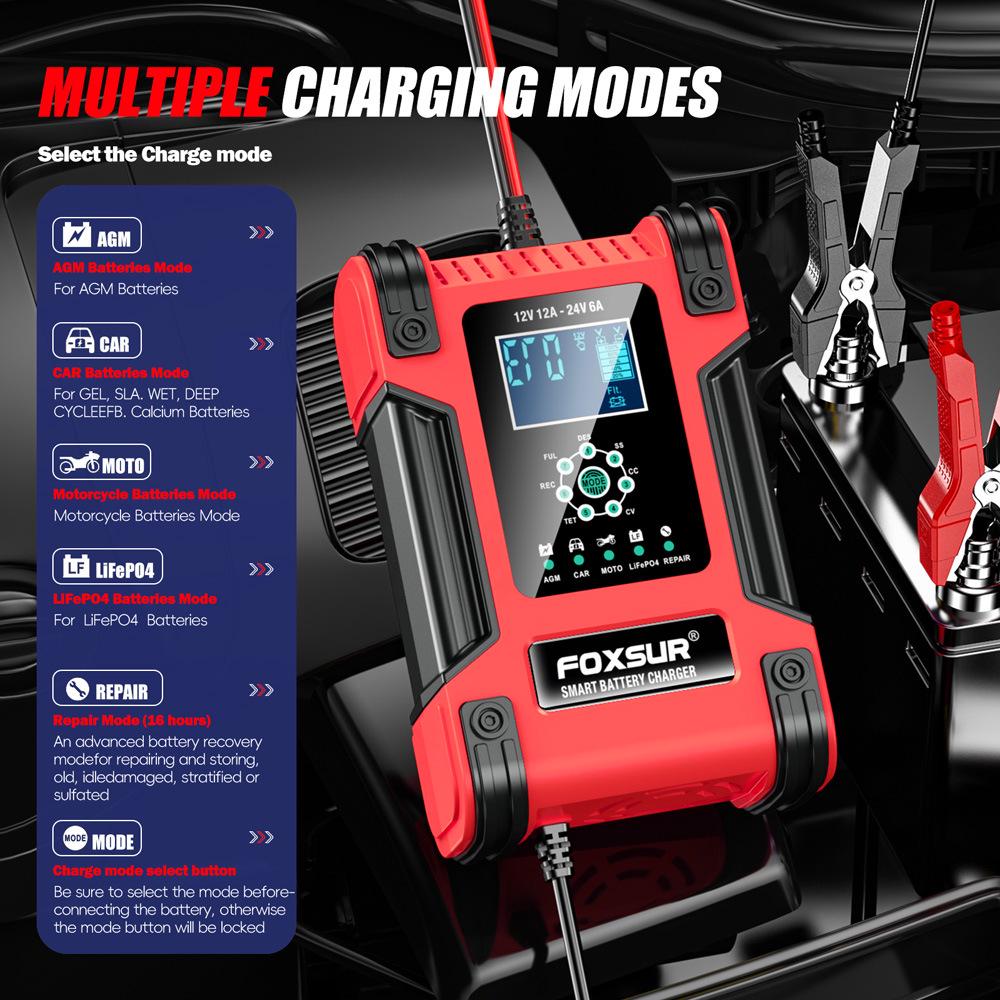 12A 7-Stage AGM & Lithium-Iron Battery Charger for 12V/24V Motorcycles & Cars