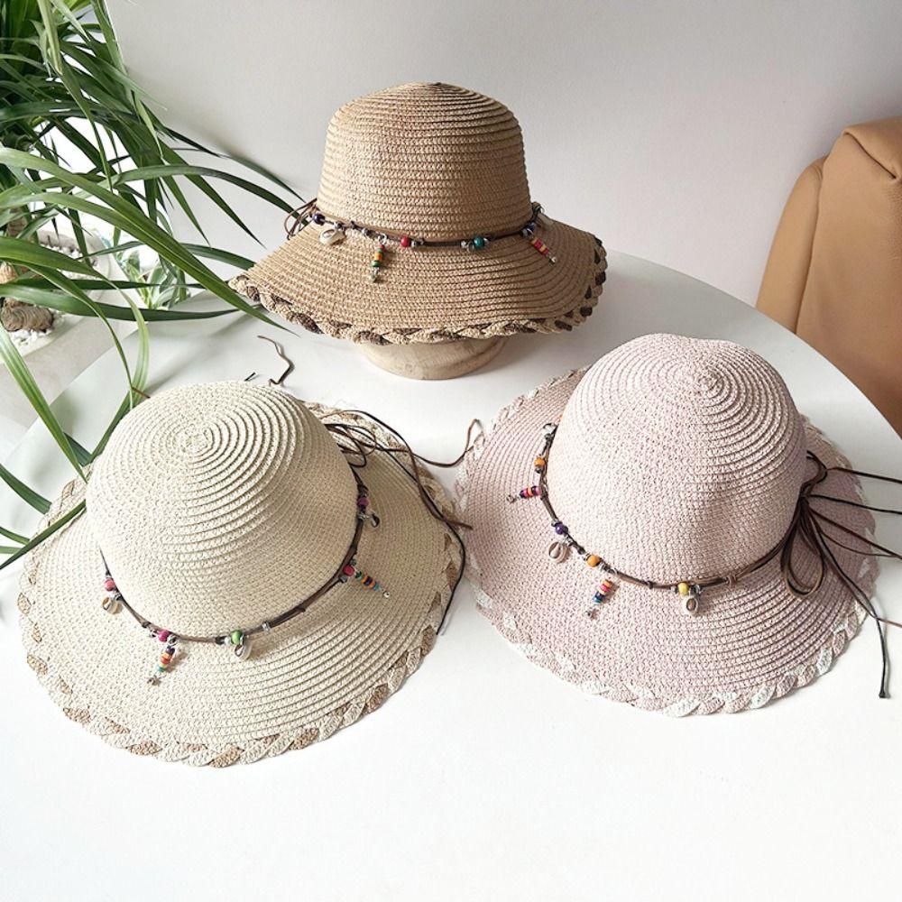 Wide Brim Folding Straw Hats Spring Summer Women's Sun Hat Bohemian Beaded Strap Straw Hat  Outdoor