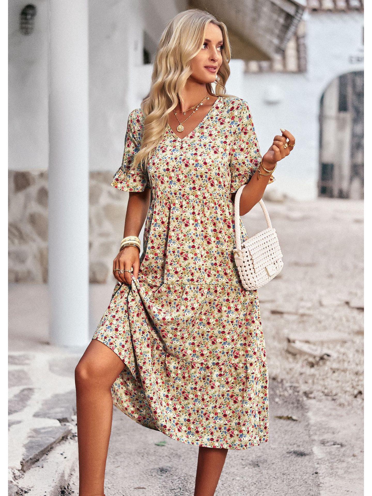 

Di Yun Европейское и американское летнее платье с V-образным вырезом и коротким рукавом 2025 M абрикосовый