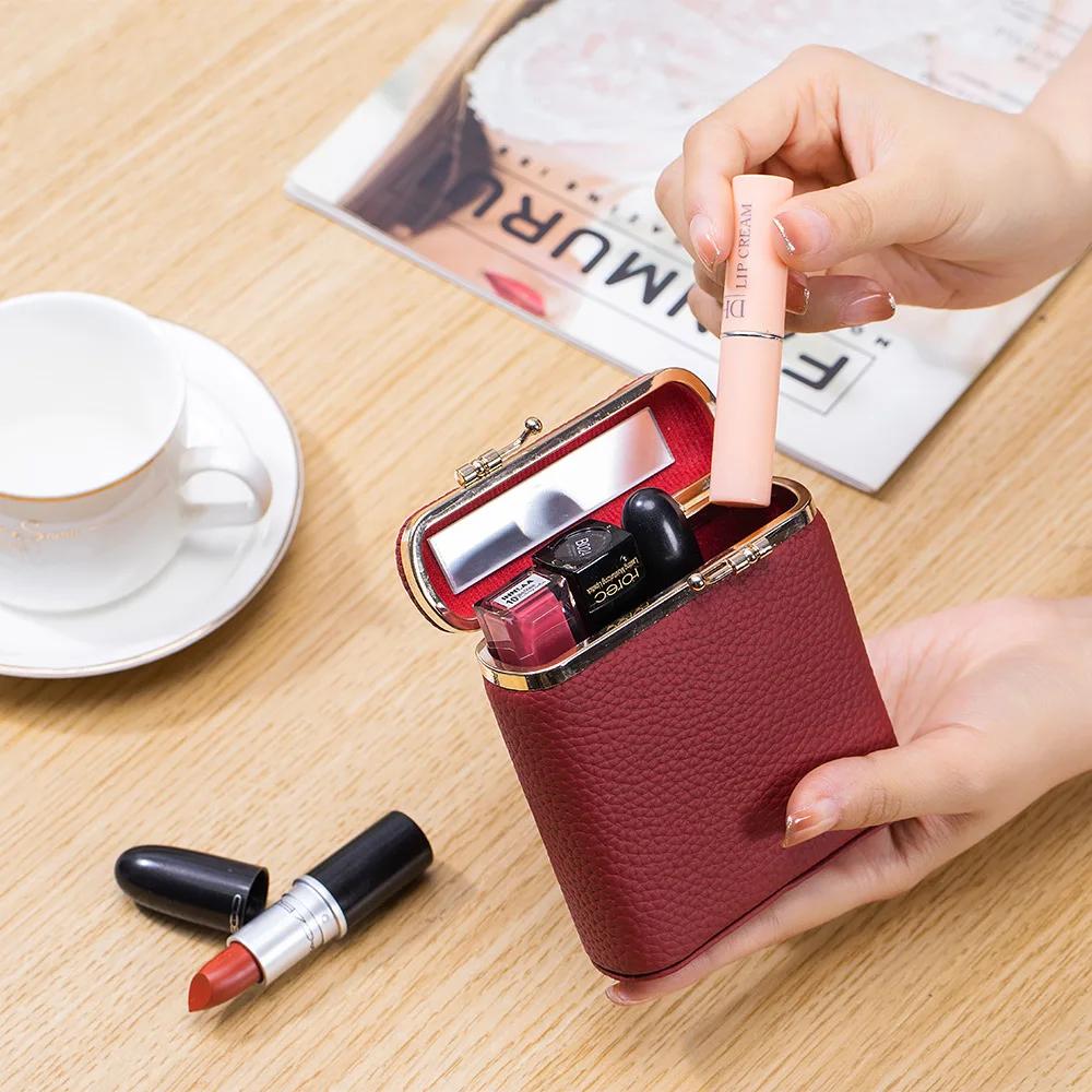 Mini Sac de Maquillage Simple Portable en Cuir Miroir Rangement Usage Personnel Femmes Petits Étuis à Rouge à Lèvres Sacs à Cosmétiques