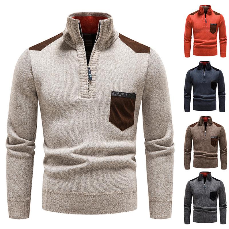 Winter Men Stand Collar Sweater Men Patchwork Knitwear Jumpers Slim Fit Brown Knitted Sweater Male Fleece Warm Pullover