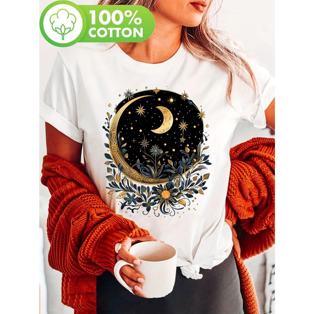 Women Celestial Floral Print T-Shirt - Short Sleeve Crew Neck Casual Top with Crescent Moon & Star Design, Semi-Sheer Regular Fit for Summer & Spring