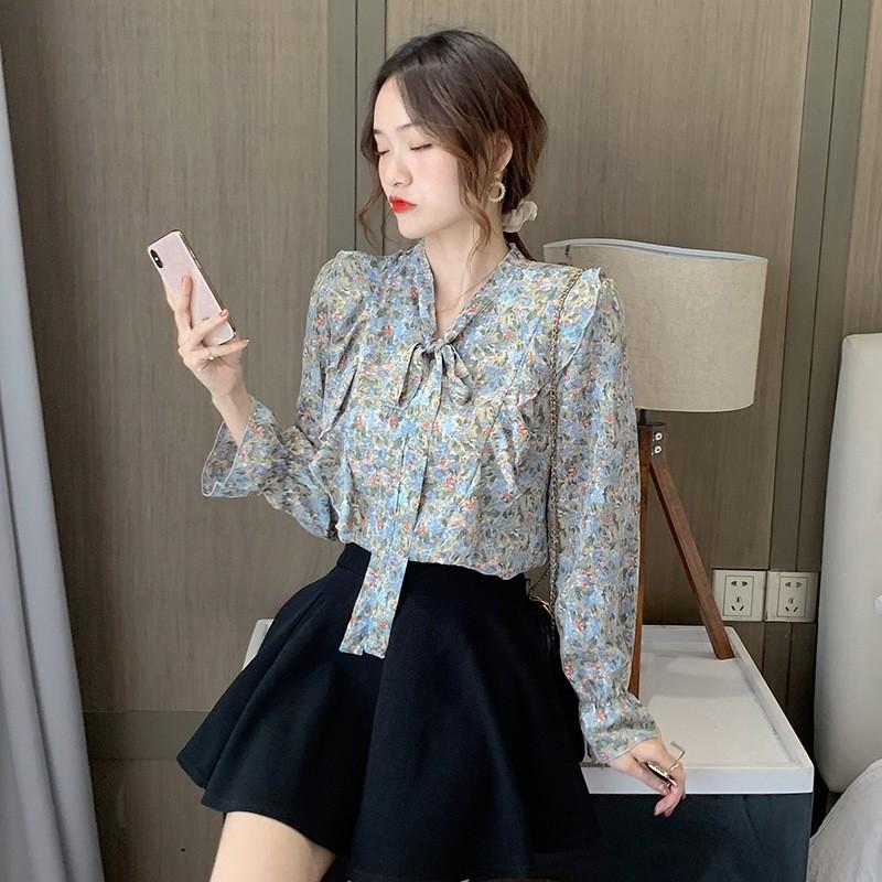 Women's Spring Design Long Sleeve Bow Tops Fresh Sweet V-Neck Chiffon Blouse