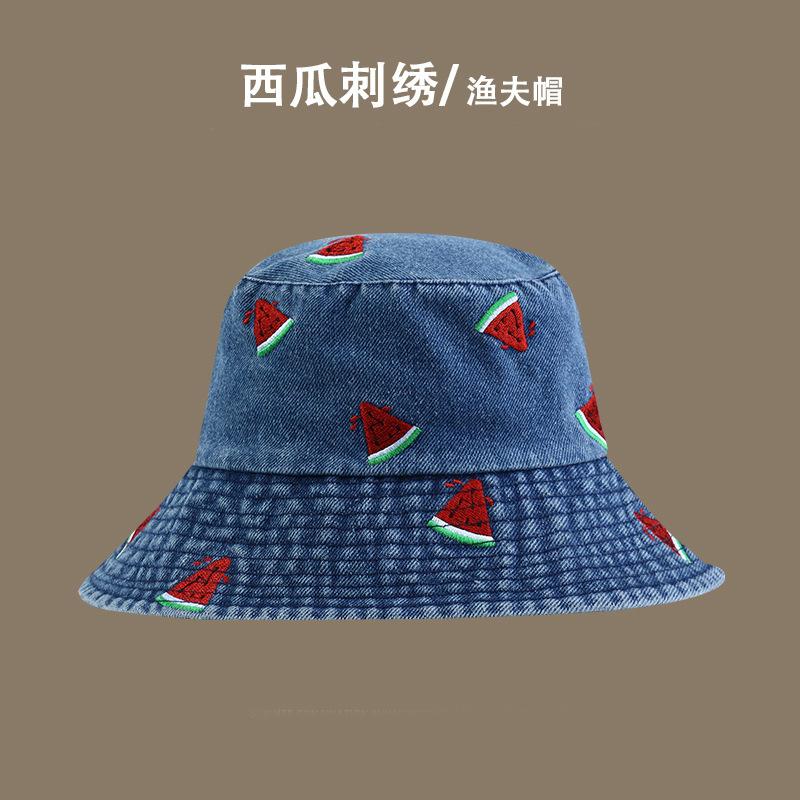 Hat Women's New Watermelon Embroidered Denim Bucket Hat Wide Brim Sunshade Fashionable Versatile Face Small Bucket Hat