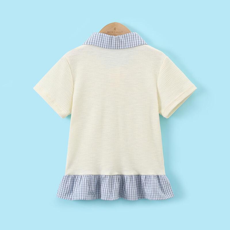Montagut Mädchen Sommer kariertes Kragen-Farbblock Kurzarm-T-Shirt