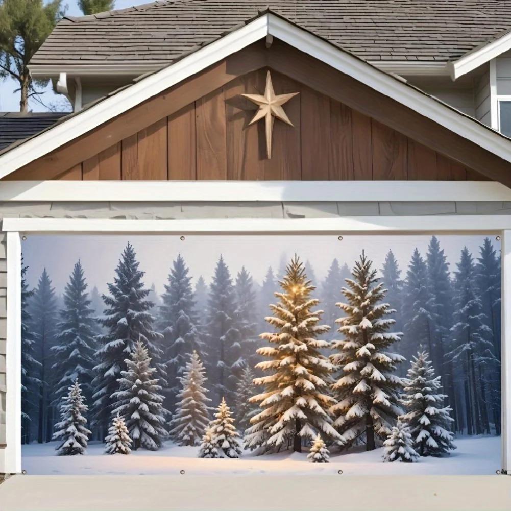 Cheerful Winter Garage Door BannerRobust Outdoor Christmas Decoration Made of Polyester Design with Snow-Covered Tree