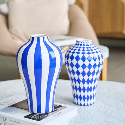Keramikvase Blau Geometrisches Steppmuster Pünktchen Blumenarrangement Zubehör Keramikhandwerk Heimdekoration