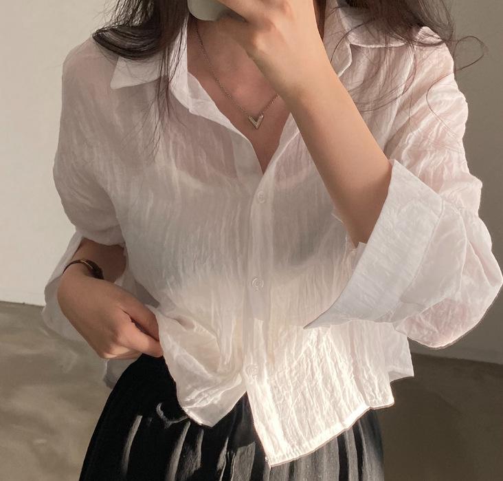 

Летняя блузка свободного кроя с длинным рукавом из жатой ткани цвета мороженого с солнцезащитой Medium белый