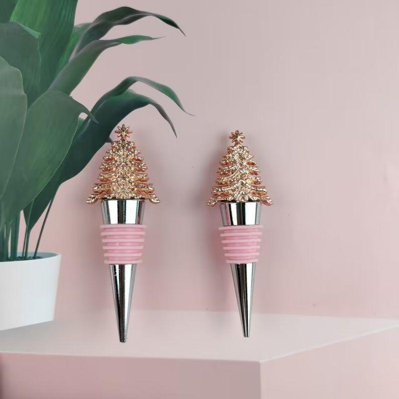1pc Pink Rubber Rose Gold Christmas Tree, Christmas Wine Stopper, Champagne Stopper