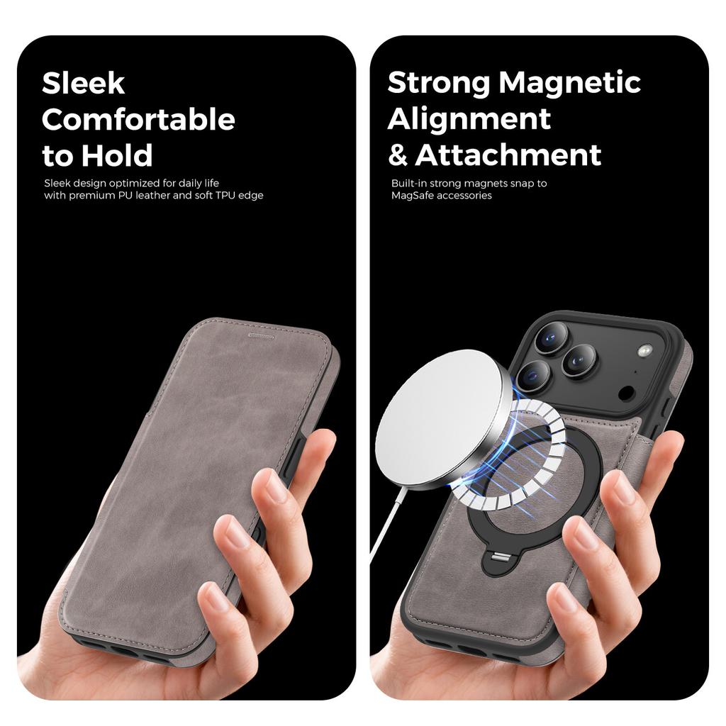 Magnetic Phone Case for iPhone 17 Pro Max Air 17e 16e 16 Plus 15 14 13 12 11 Wireless Charging Card Slot Bracket Leather Cover