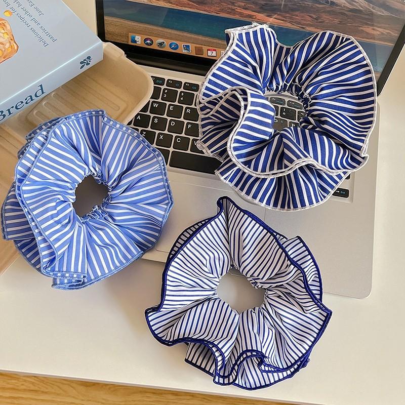 1pc Korean Girl with Blue Striped Double Layered Colon Hair Loop, Hair Tie, Rubber Band, Headband, Hair Accessory