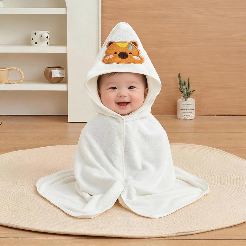Cartoon Hooded Baby Swaddle & Bath Towel - Coral Fleece, Absorbent, Embroidered, Newborn To Toddler