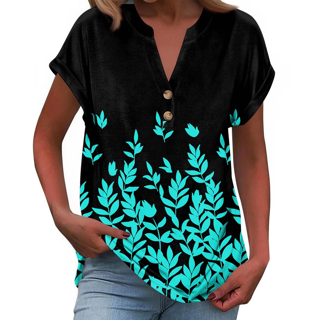 Modieuze Casual Losvallende Dames T-shirt Top met Korte Mouwen, Knopen en V-hals, Bedrukt