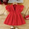 Summer Girls' Red V-neck Dress, with a Fashionable Button-down Design. Suitable for Birthday Parties.