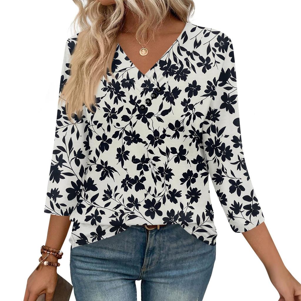 Women's Print Top Button-down V-neck T-shirt 3/4 Sleeve Loose Fashion Top