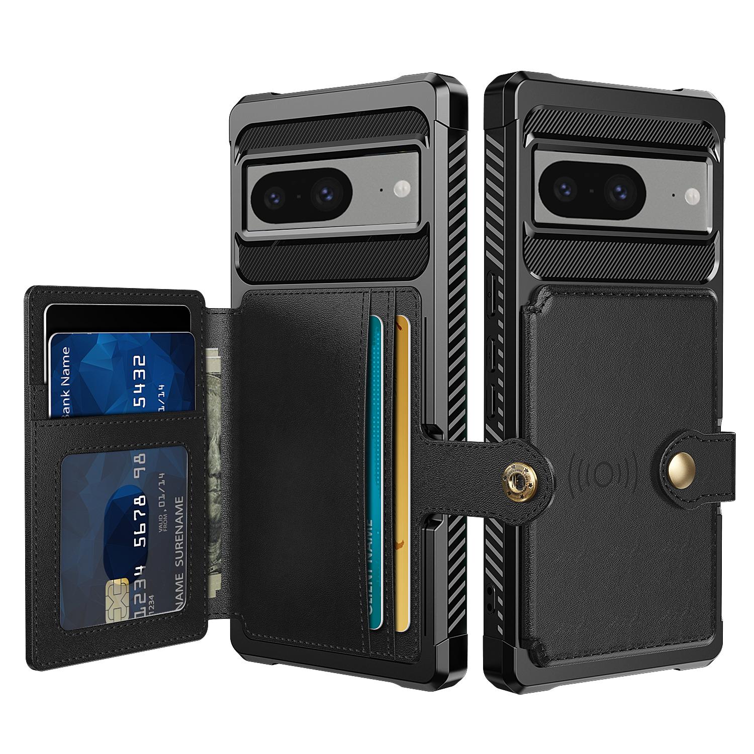 

For Google Pixel 8 Card Bag Phone Case PU Leather+TPU Cover Support Magnetic Car Mount Black