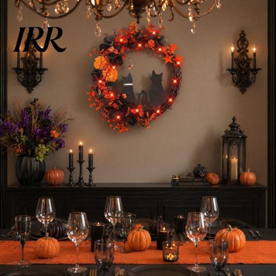 Black Cat Wreath with Lights Halloween Floral Garland, String Lights, Silhouette Garland Wreath, for Front Door Indoor Outdoor Wall Decor