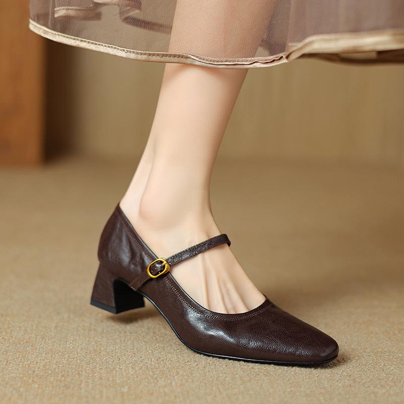 Retro high-heeled women's shoes autumn new sheepskin one-word buckle with thick heel black leather Mary Jane shoes