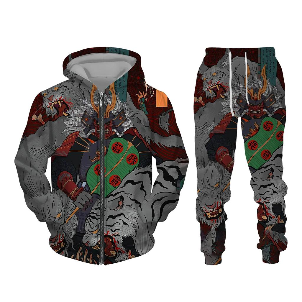 Autumn 3D Oriental Dragon God Printed Herre Hette Genser Set Mannlig Japansk Samurai Tatovering Glidelås 3d Treningsdress Herreklær Dress