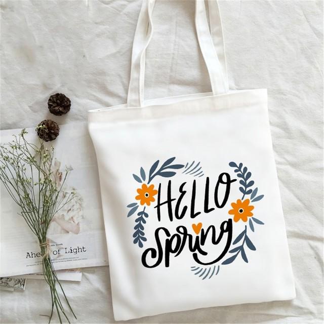 Dobrý den Jarní Květiny Potisk Nákupní Taška Ženy Plátěná Taška přes Rameno Ulzzang Eko Velkokapacitní Dámská Nákupní Taška Kabelka