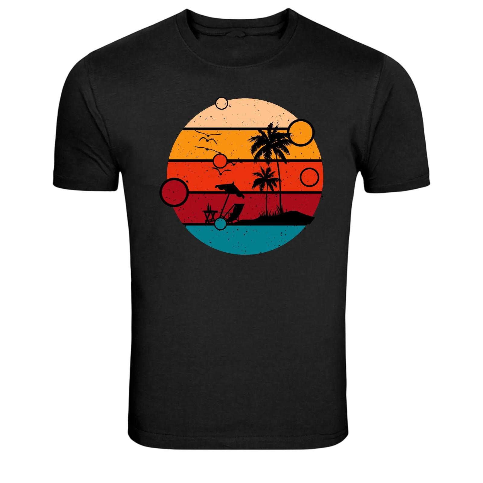 Summer Tropical Beach Sunset Circle Retro Graphic T Shirt XXXL