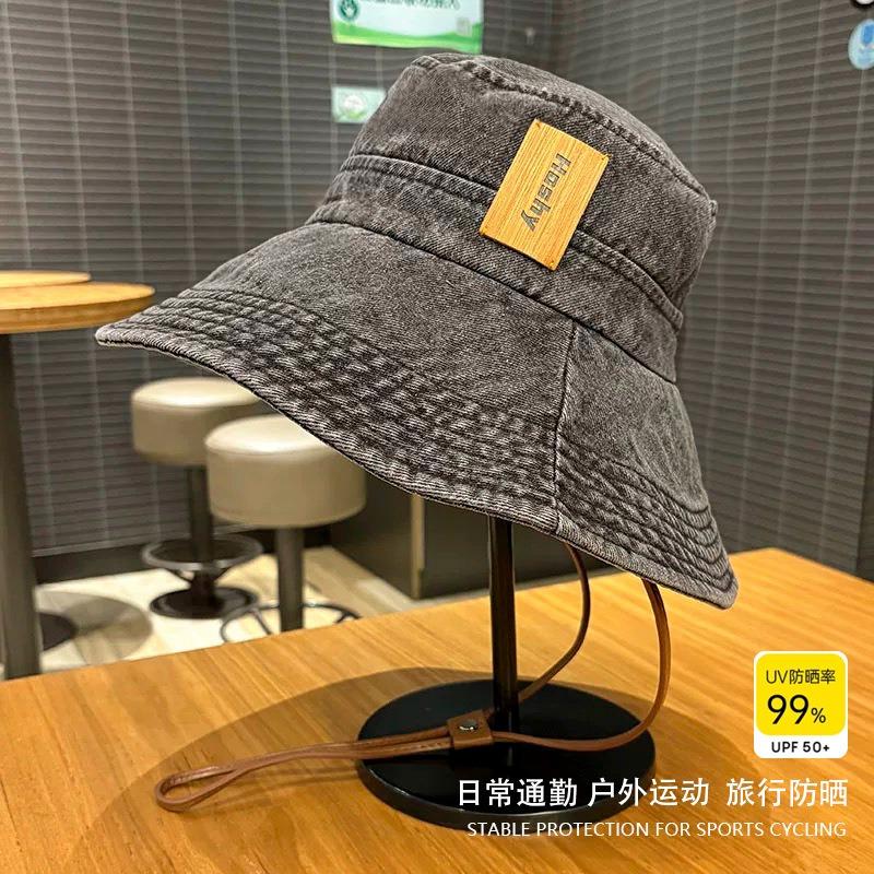 Washed denim bucket hat women's spring summer outdoor camping mountaineering hat showing small face big head circumference western denim hat