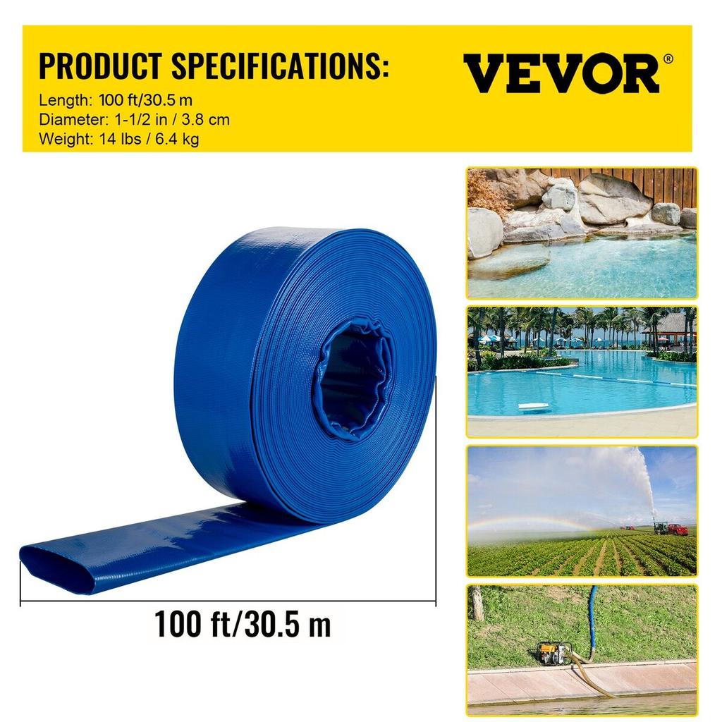 Discharge Hose, 1-1/2" X 105', PVC Fabric Lay Flat Hose, Heavy Duty Backwash Drain Hose with Clamps, Weather-proof & Burst-proof, Ideal for Swimming