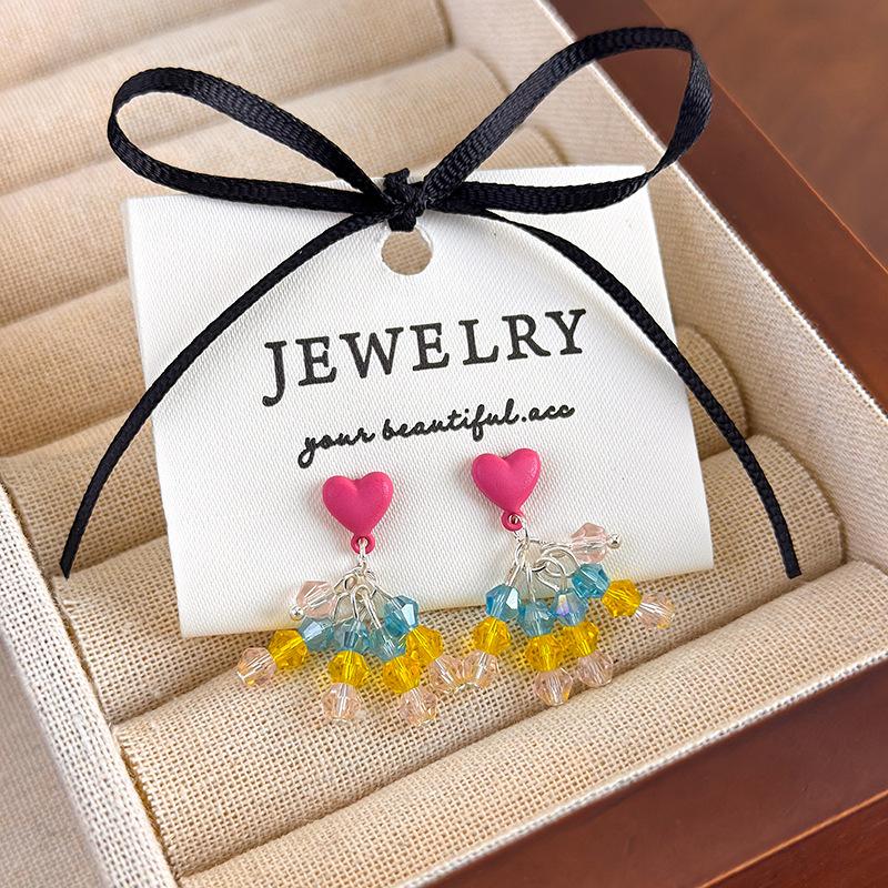 Women Summer Sweet Colorful Heart Crystal Tassel Earrings Niche Design Fashion Ear Accessories For Women Daily Wear