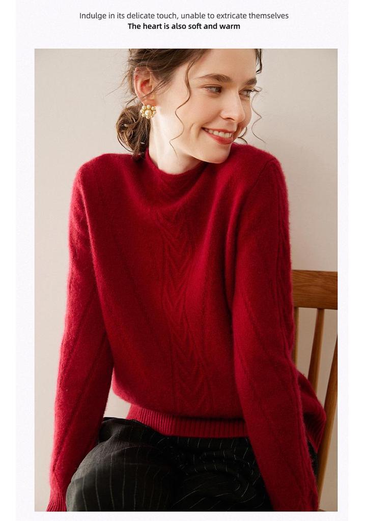 Women's Cable Knit Cashmere Pullover with Built-in Stand-up Collar Base Layer Sweater