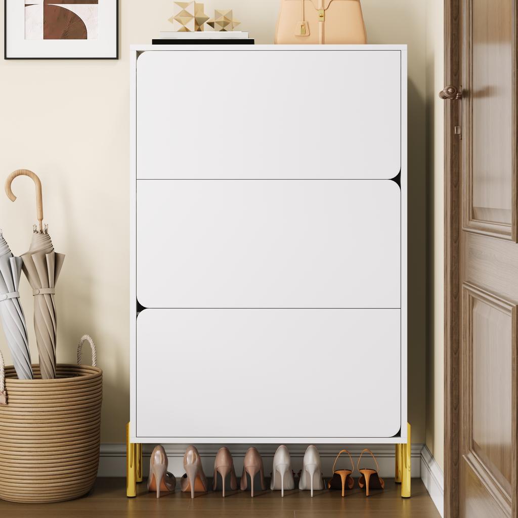 Modern Minimalist Shoe Cabinet, Three Doors, Large Capacity, Golden Cabinet Feet, Stylish and Practical, Suitable for the Entrance Area or Foyer.