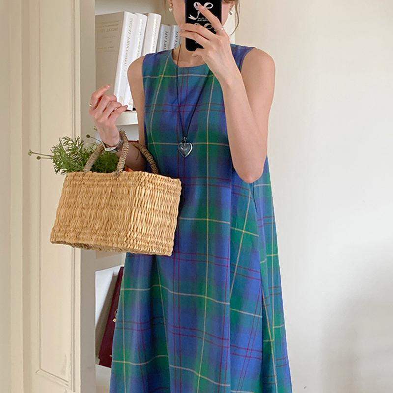 VONDA Ethnic Women Casual Round Neck Sleeveless Plaid Print Casual Tunic Dress