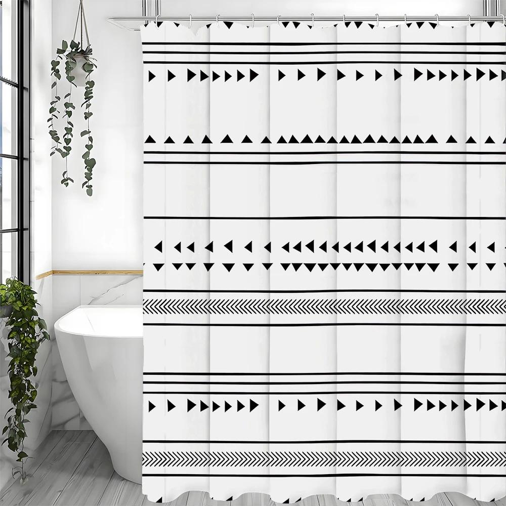 Black and White Bohemian Elegant Geometric Triangle Shower Curtain, Bathroom Decorative Shower Curtain, Waterproof Shower Curtai
