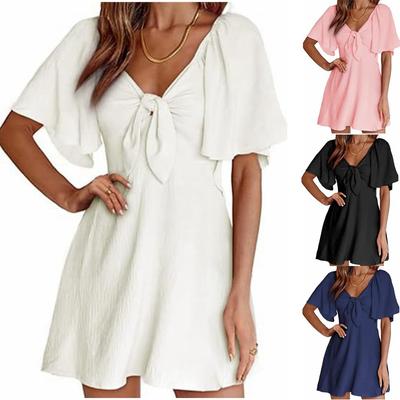 Women's Loose Casual Solid Color V-Neck Bow Tie Short Sleeved Dress Short Sleeved Dress
