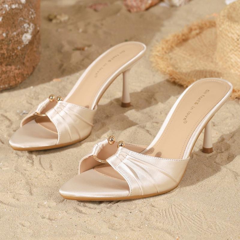Fashion Summer Sexy Open Toe Brand Slippers Women Fashion Metal Decoration Pleated Design High Heels Sandals Elegant Wedding Bridal Shoe