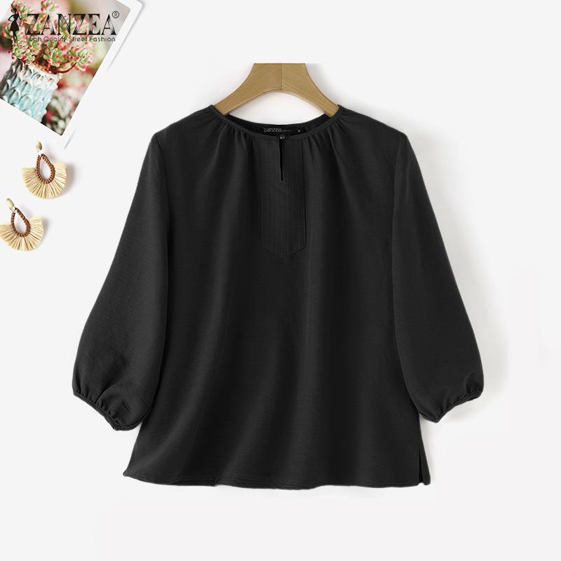 ZANZEA Women Casual Round Neck Solid Color 3/4 Sleeve Loose Blouse