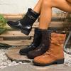 Women's Wide Width Mid-Calf Boots, Front Lace Up Roman Style Leather Boots, European Retro Casual Ankle Booties
