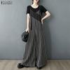 ZANZEA Womens Stripe Print Loose Casual Sleeveless Dungarees Wide Leg Jumpsuits