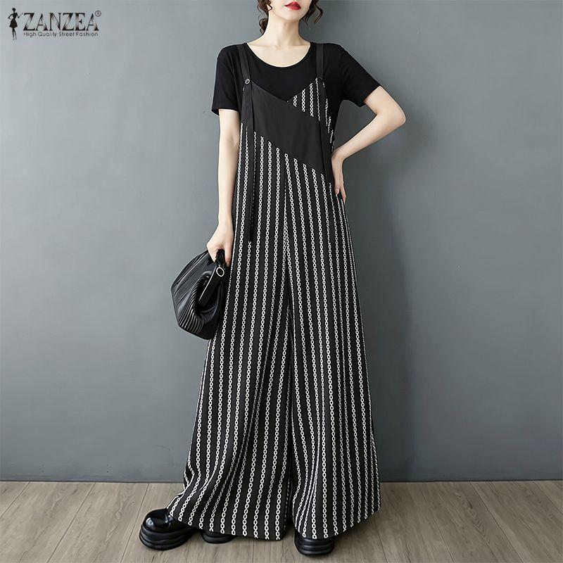 ZANZEA Womens Stripe Print Loose Casual Sleeveless Dungarees Wide Leg Jumpsuits