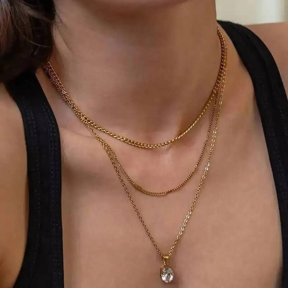 IngeSight.Z 3Pcs/Set Simple Trend 18K Gold Plated Stainless Steel Glass Zircon Pendant Necklace Stackable Neck Accessory Jewelry