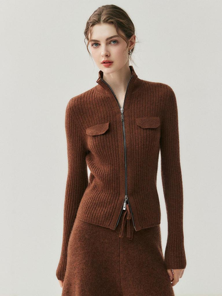 Korean Style Women's Cashmere Knit Cardigan - Slim Fit with Zipper Lapel and Long Sleeves for Versatile Wear