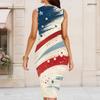 Women Plus Size Round Neck Sleeveless Firework Print Navy Blue Bodycon Midi Dress