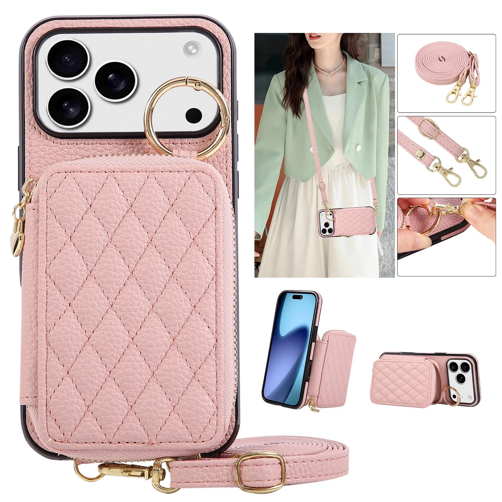 

Кожаный кросс-боди ремешок чехол для телефона для IPhone 17 Air 16 15 14 13 12 11 Pro Max XS XR 8 7 Plus с держателем для карт кошелек на молнии iPhone 13 mini розовый